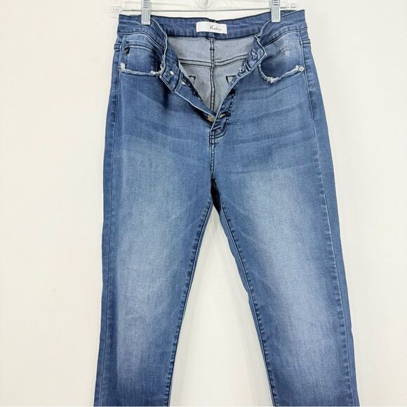 KanCan Estilo Blue Medium Wash Factory Frayed High Waist Button Skinny Jeans - Picture 8 of 16